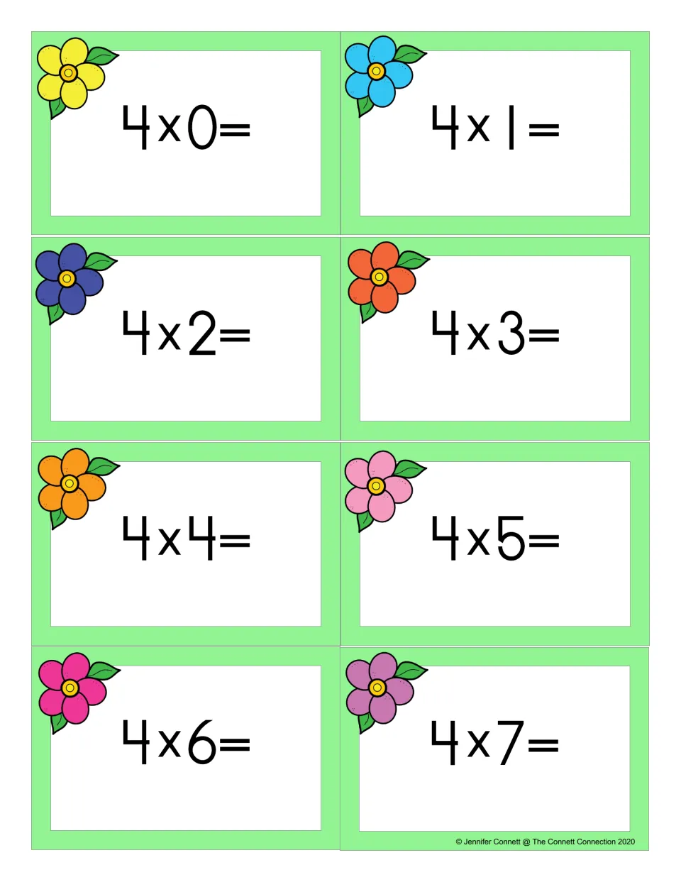 Flower flash cards for the fours: multiplication facts 4 x 0 through 4 x 7, eight cards for students to solve