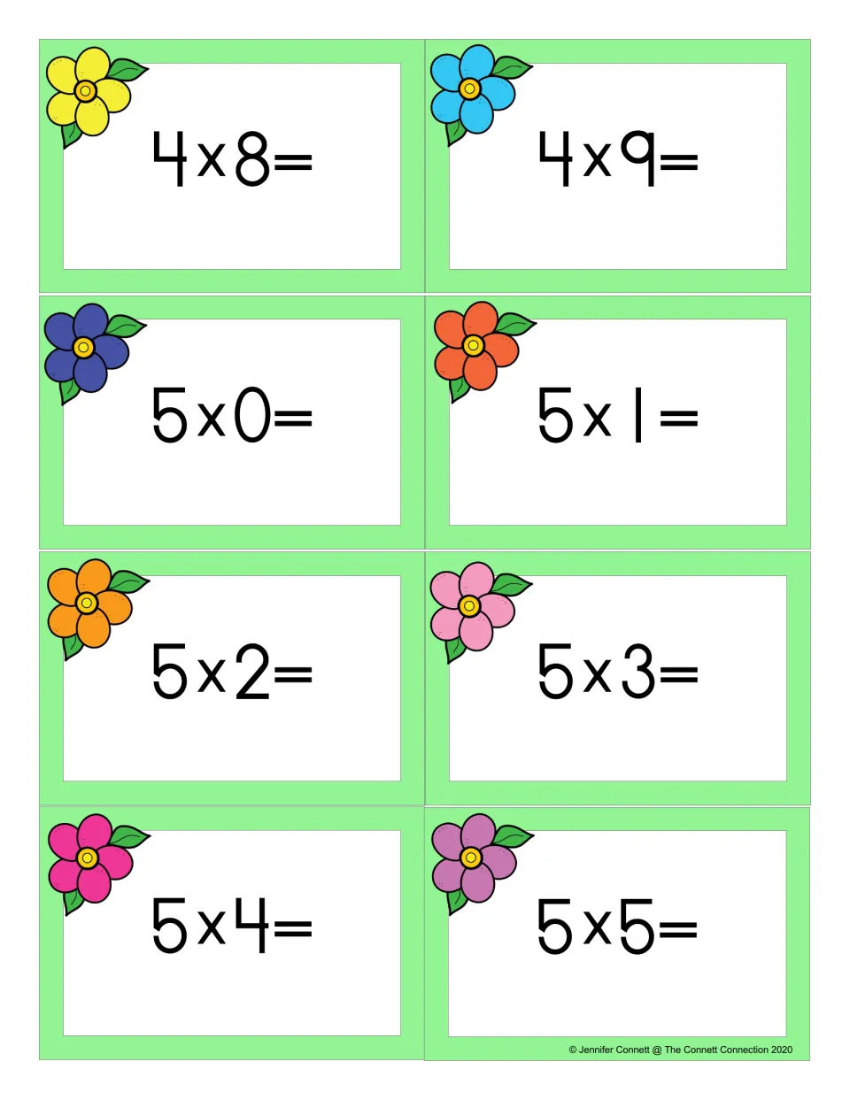 Flower flash cards for multiplication facts 4 x 8, 4 x 9 and 5 x 0 through 5 x 5, eight cards for students to solve