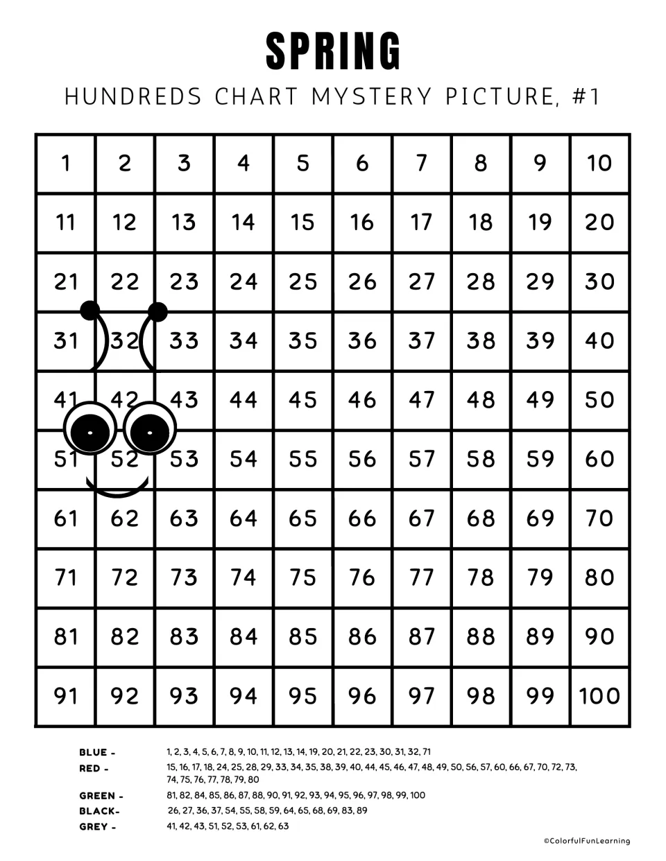 Mystery picture 1 numbered chart: color numbers 1–100 blue, red, green, black, and gray to reveal a ladybug.