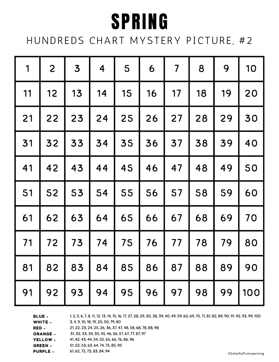 Mystery picture 2 numbered chart: numbers 1–100 with blue, white, red, orange, yellow, green, and purple clues.