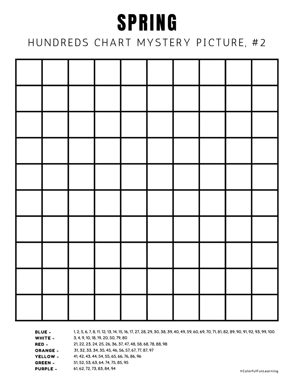 Mystery picture 2 blank chart: write numbers 1–100 before coloring according to the seven color lists.