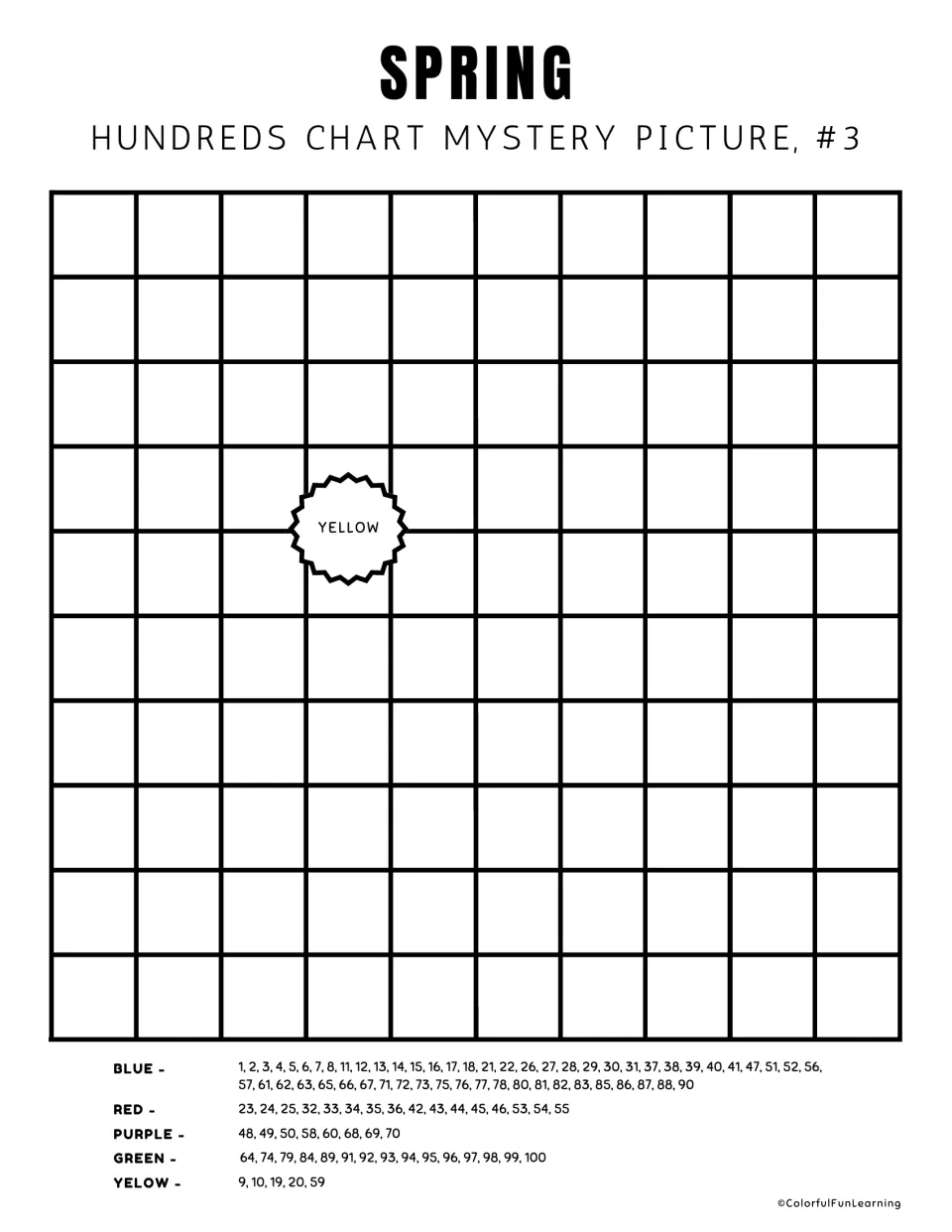 Mystery picture 3 blank chart: add numbers 1–100 and follow five color lists; the flower center says yellow.