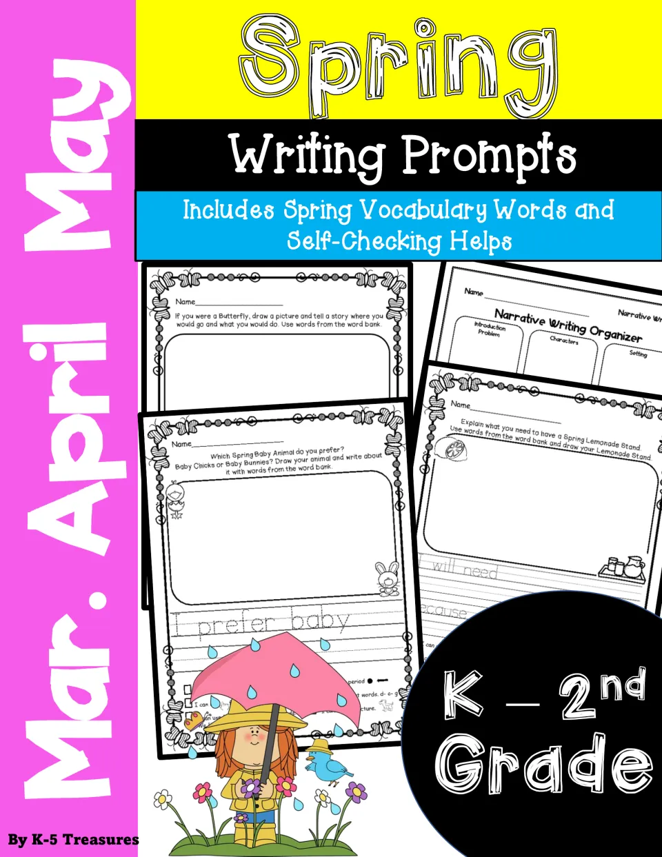 Spring writing prompts for March, April and May, K-2nd grade, with spring vocabulary words and self-checking helps