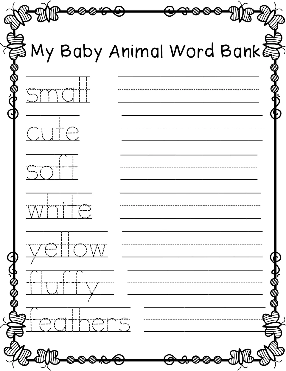 Baby animal word bank: students trace small, cute, soft, white, yellow, fluffy and feathers, then write each word again