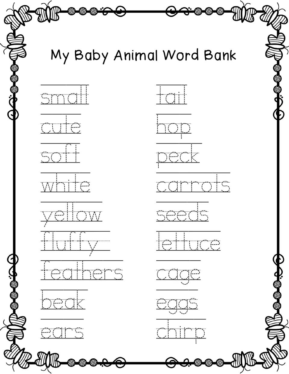 Baby animal word bank of 18 traceable words, from small, fluffy, beak and ears to hop, peck, carrots, eggs and chirp