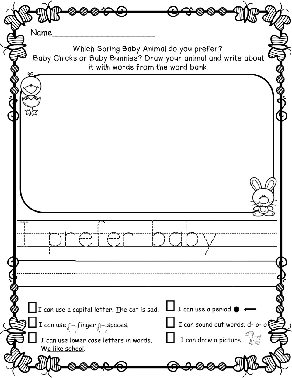 Opinion writing: baby chicks or baby bunnies? Students draw a choice and finish 'I prefer baby' using the word bank
