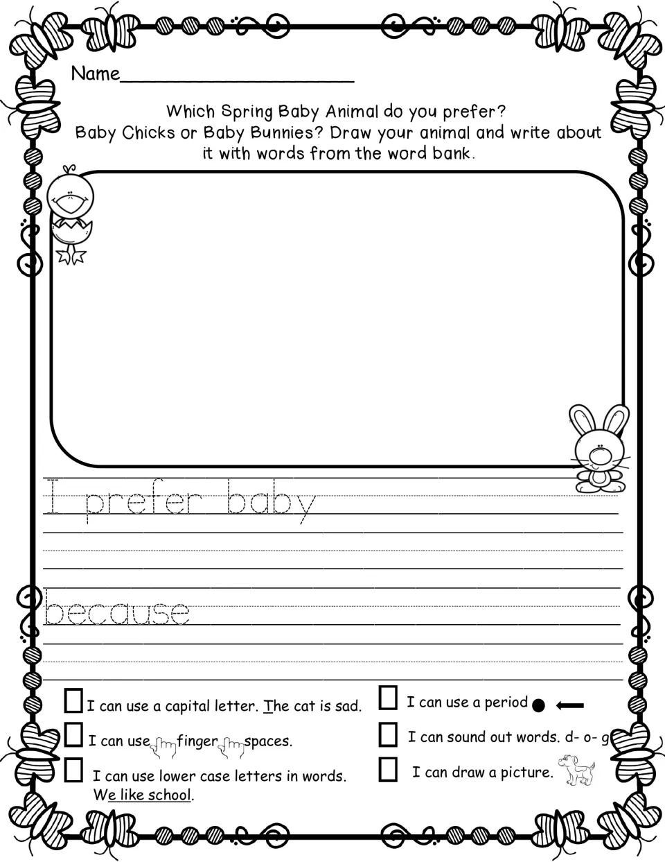 Chick or bunny opinion prompt with 'I prefer baby' and 'because' starters so students give a reason, plus a self-checklist