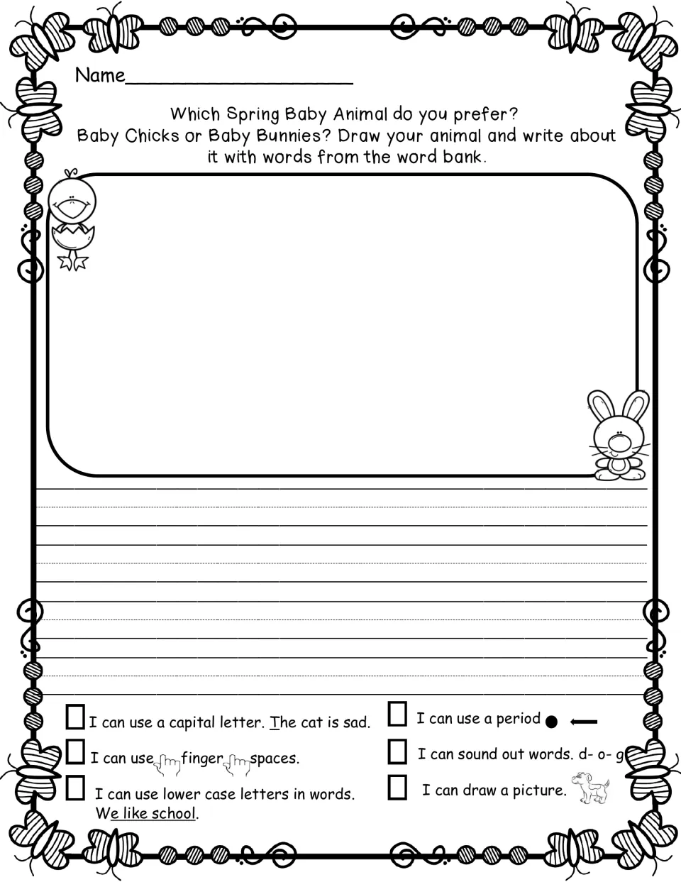 Baby chicks or bunnies opinion prompt with no sentence starters: students draw, write freely and tick the self-checklist
