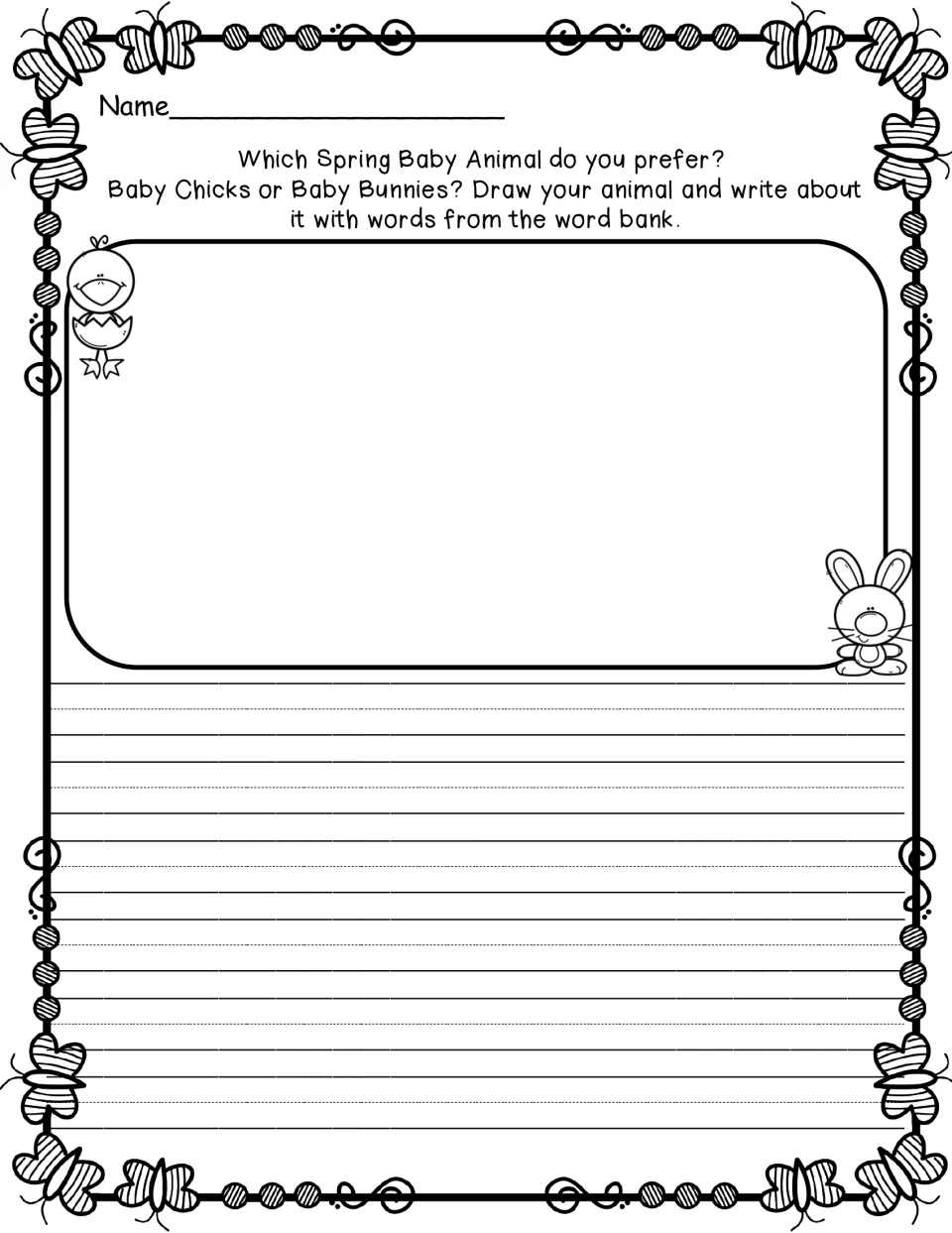 Spring baby animal opinion prompt without a checklist: students draw a chick or bunny and write a longer piece about it