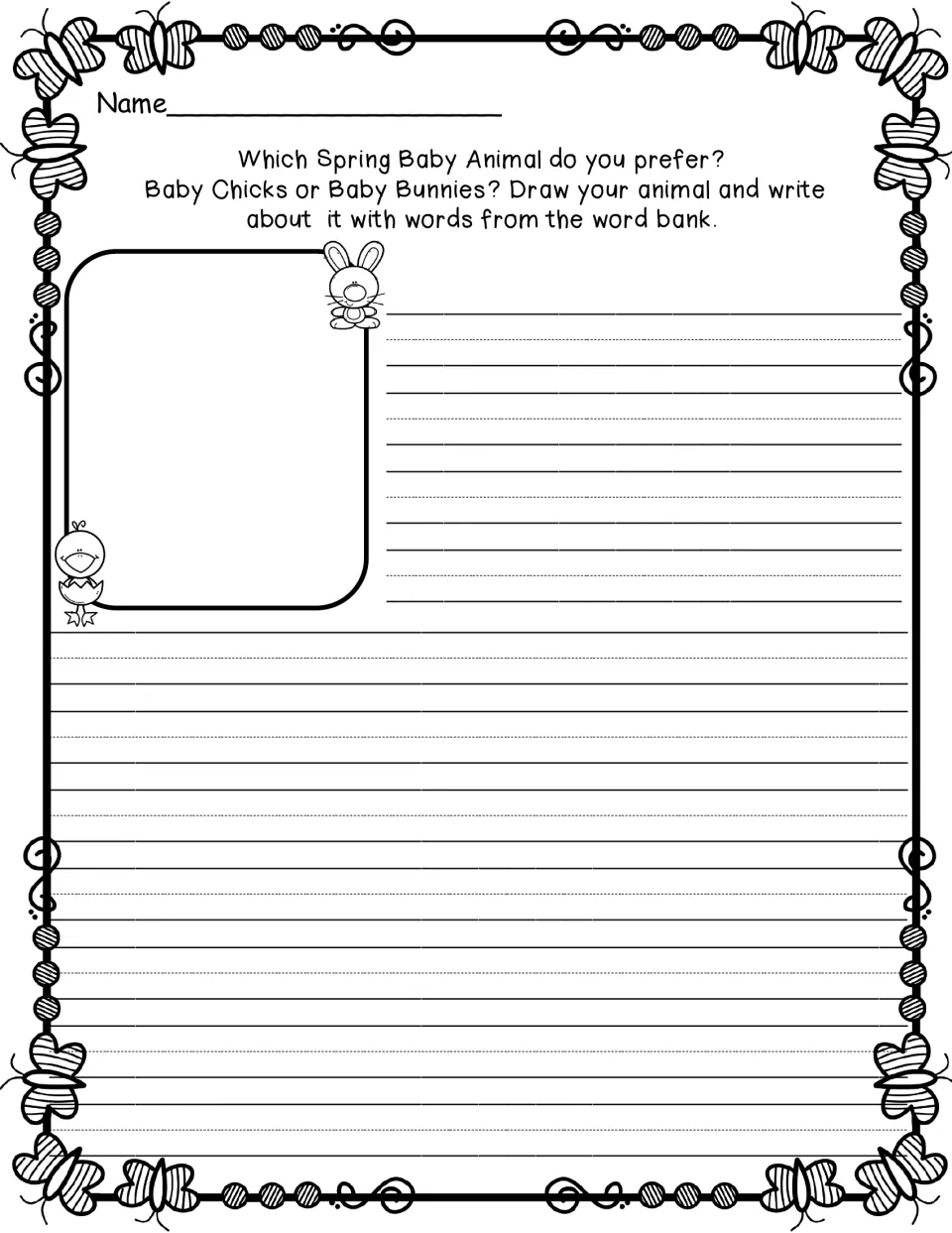 Chicks or bunnies opinion prompt with a smaller picture area so students spend most of the page writing about their animal