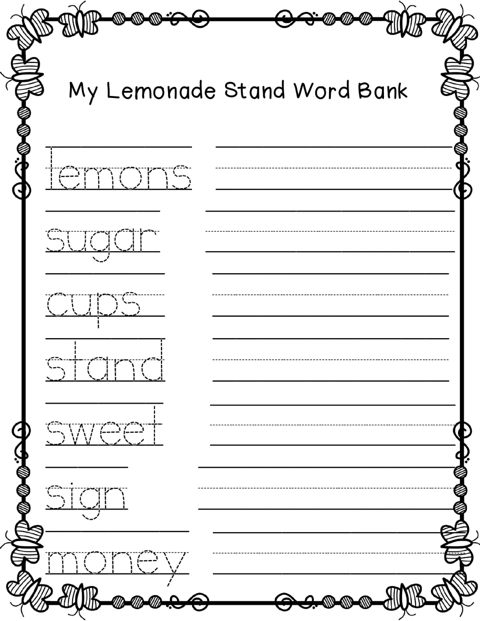 Lemonade stand word bank: students trace lemons, sugar, cups, stand, sweet, sign and money, then copy each word