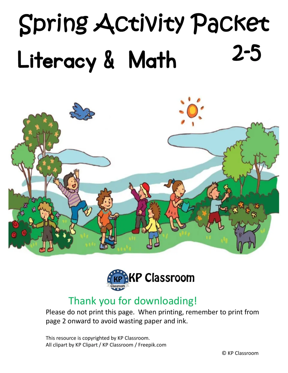 Spring literacy and math packet cover labeled 2–5, with instructions to print from page 2 onward