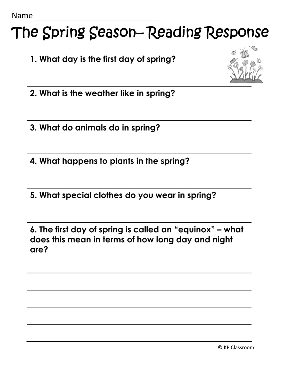Six spring reading response questions cover the first day, weather, animals, plants, clothing, and equinox