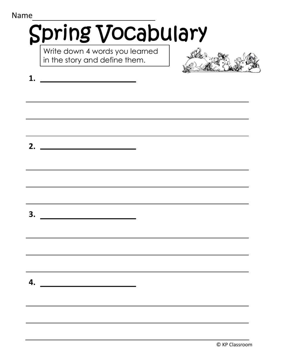 Spring vocabulary activity asks students to choose four words learned in the story and define each one