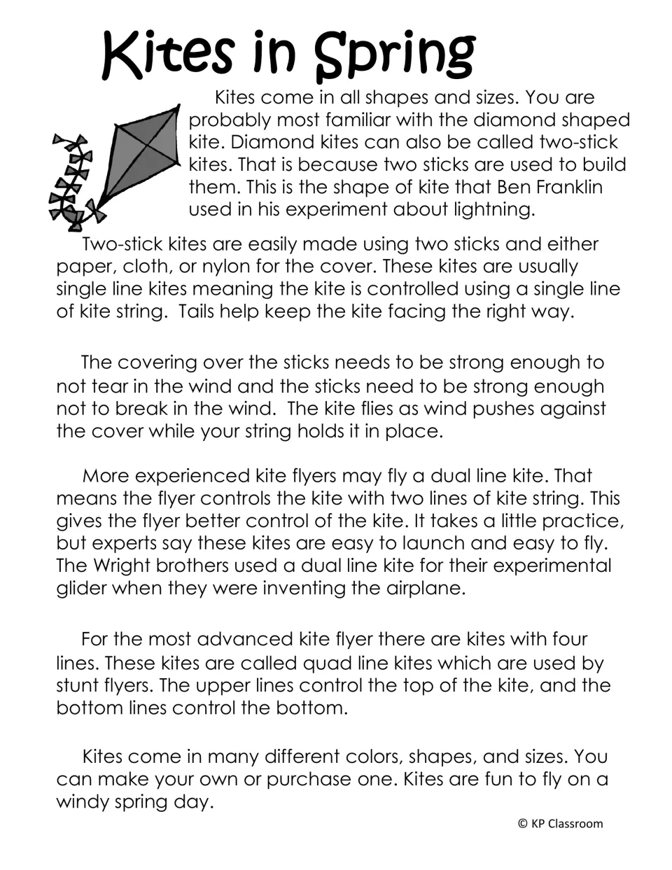Kites in Spring reading explains kite materials, tails, and single, dual, and quad lines used to fly kites