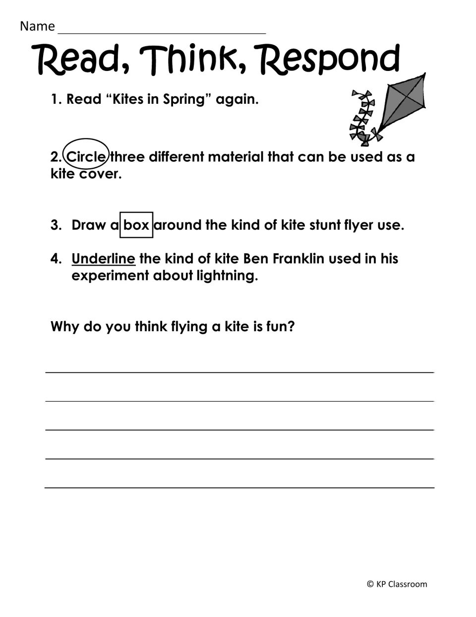 Kite reading response asks students to mark materials and kite types, then explain why flying kites is fun