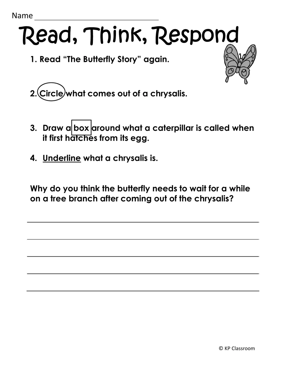 Butterfly reading response asks students to identify a larva and chrysalis and explain the wait before flight