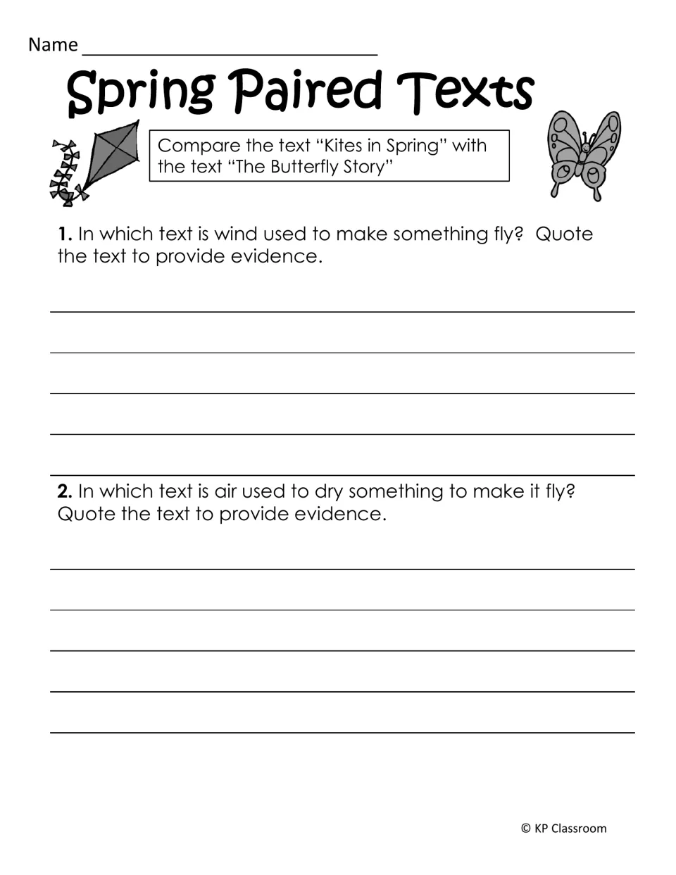 Spring paired-text questions ask students to quote evidence about wind lifting kites and air drying wings