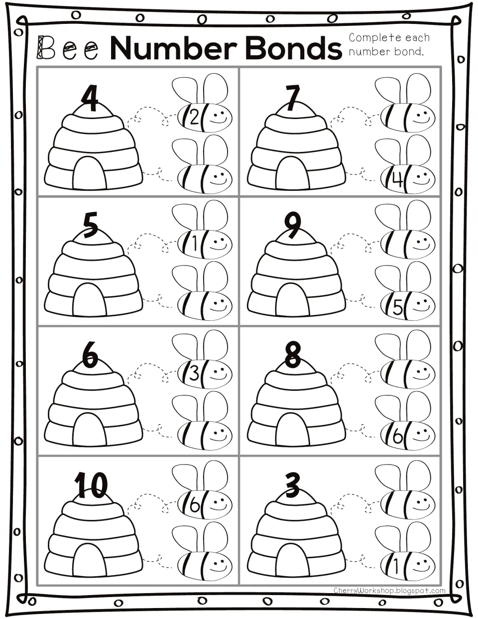 Bee Number Bonds: students write the missing part on a bee for each beehive whole from 3 to 10, given one part