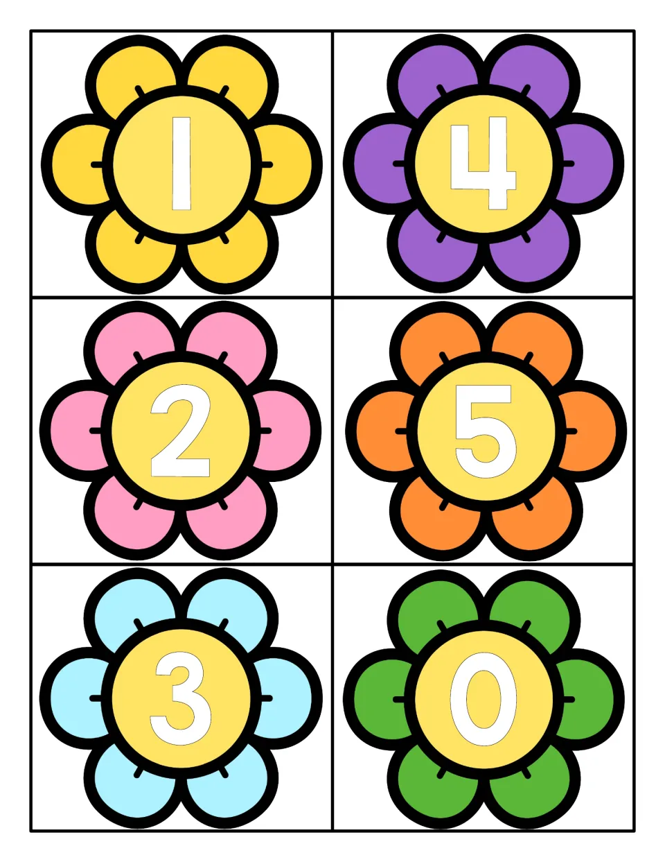 Number recognition: six flower cards in yellow, purple, pink, orange, blue and green showing numerals 0 to 5