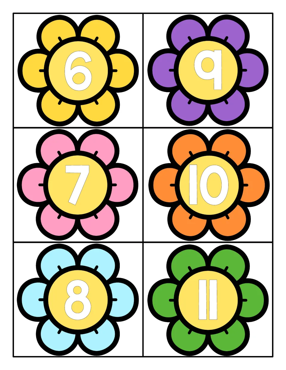 Numerals 6 to 11 on six colorful flower cards, each number printed in white on the yellow flower center