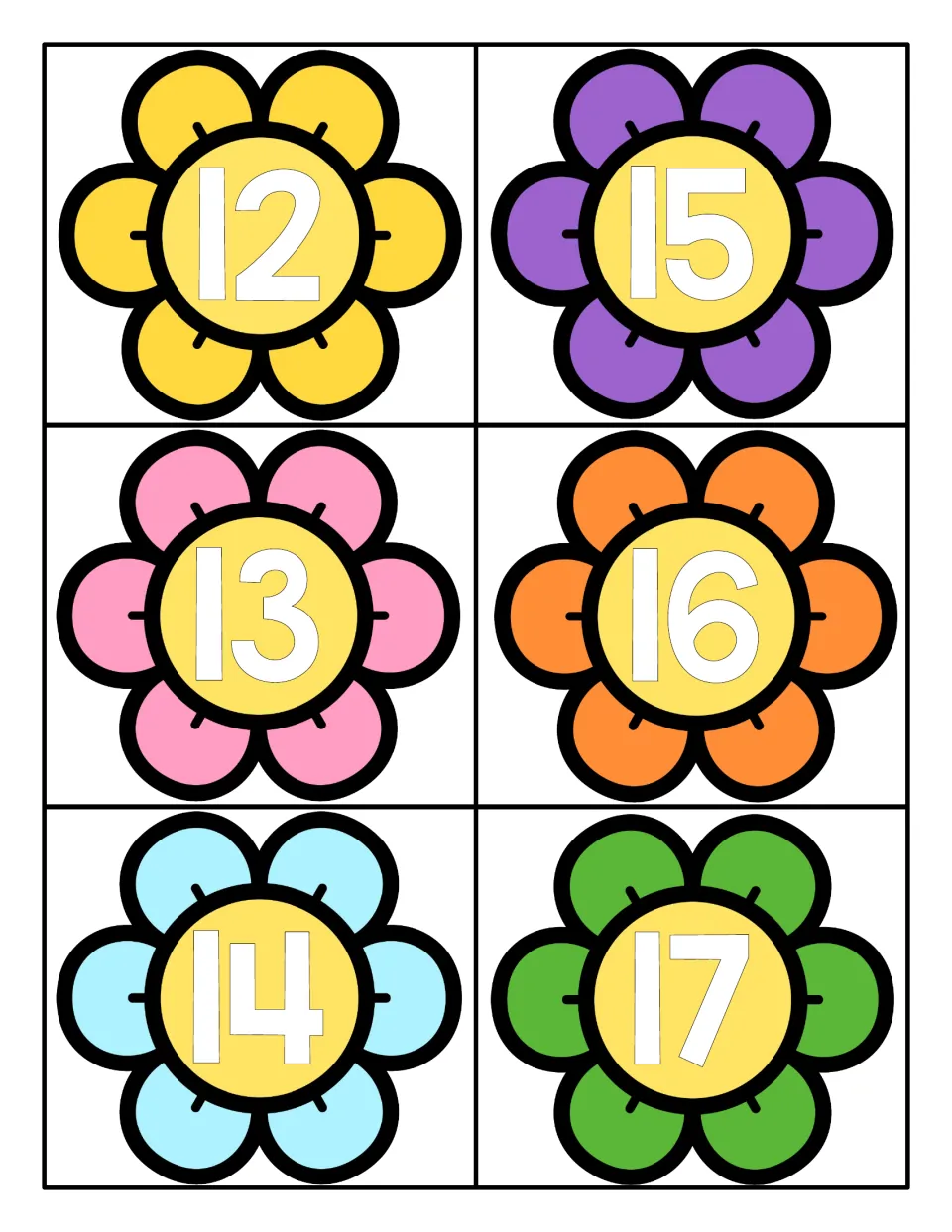Teen numbers 12 to 17 on six flower cards for recognizing and naming two-digit numerals