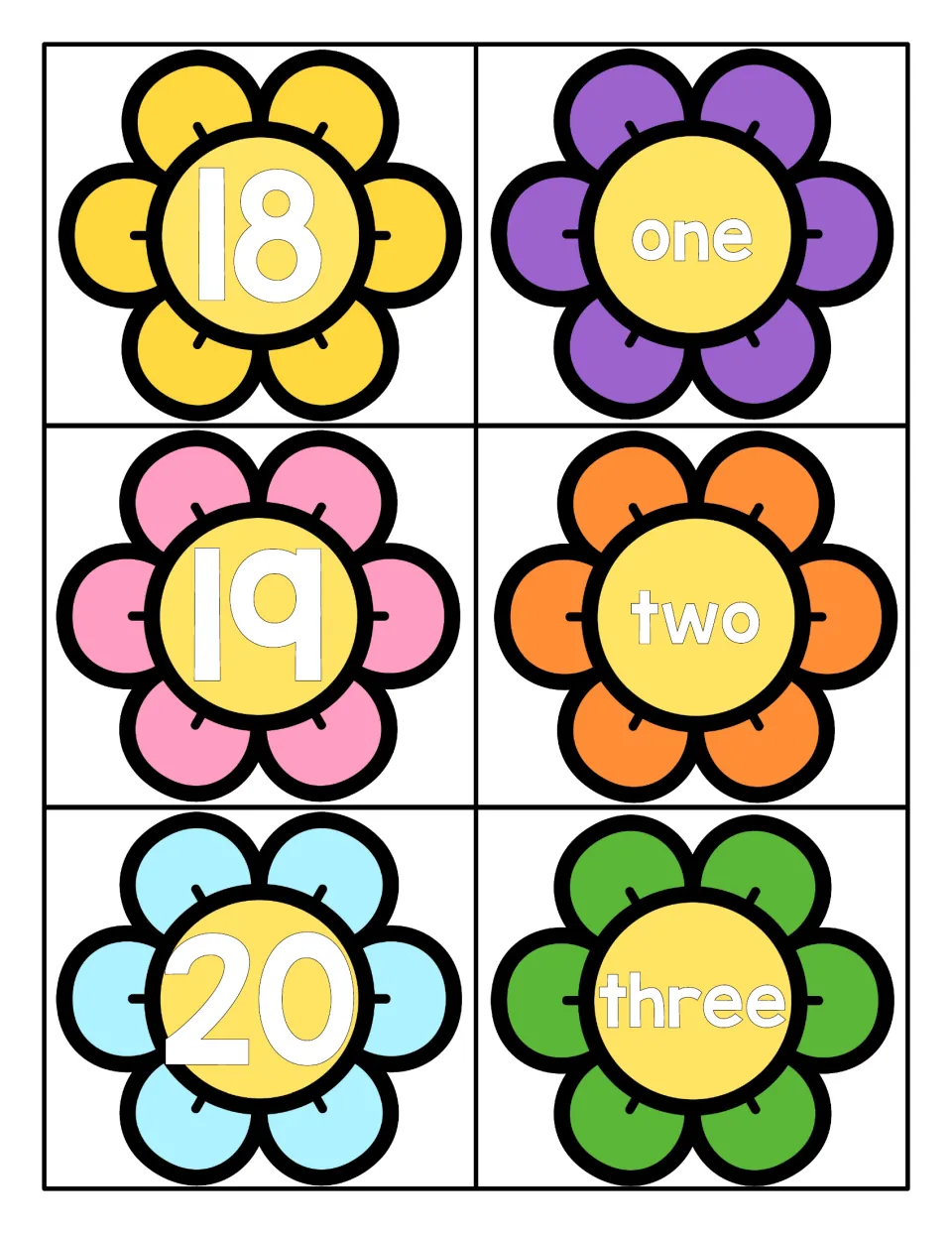 Flower cards for numerals 18, 19 and 20 alongside the number words one, two and three for numeral-word matching
