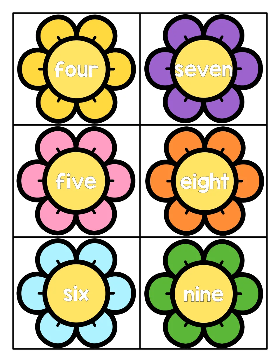 Number words four to nine on six flower cards for reading number names and matching them to numerals