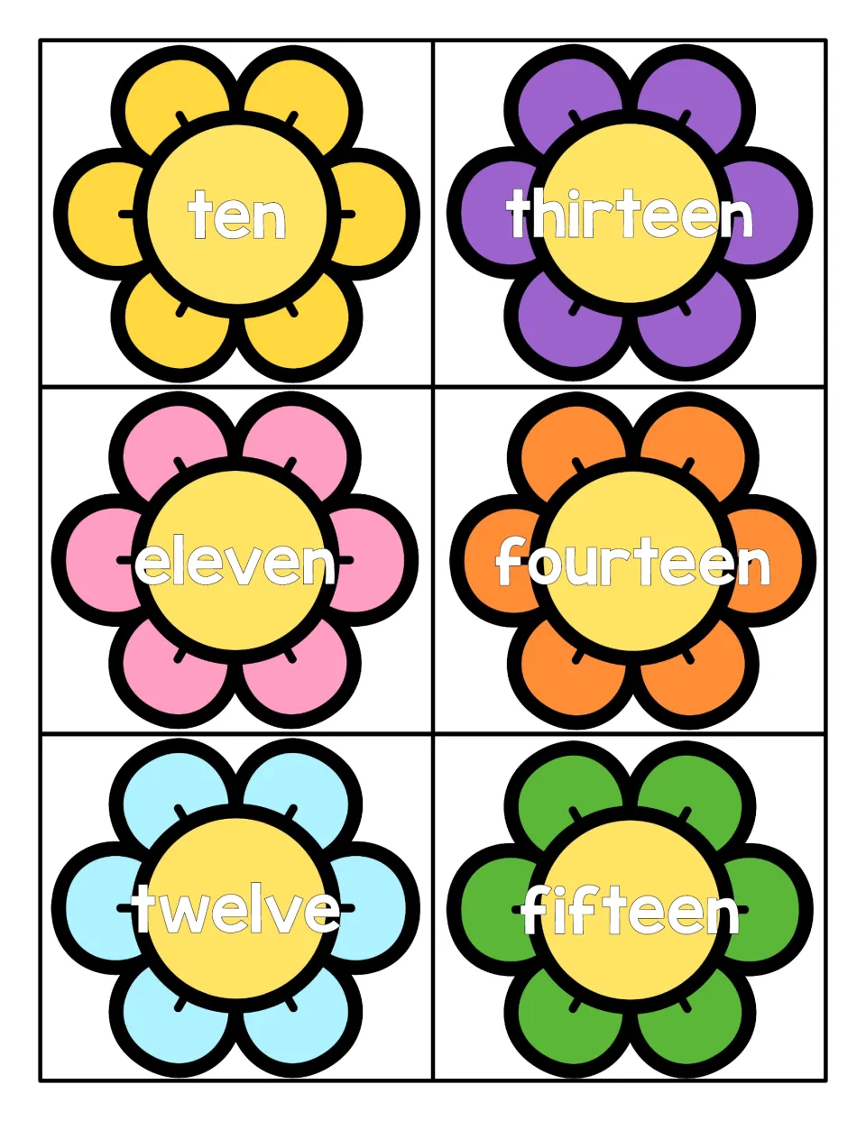 Number words ten to fifteen on six flower cards for reading and spelling the teen number names