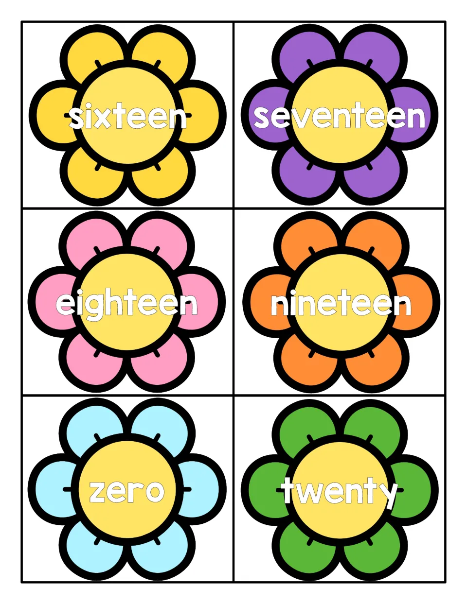 Number words sixteen to twenty plus zero on six flower cards, completing the set of number-name cards