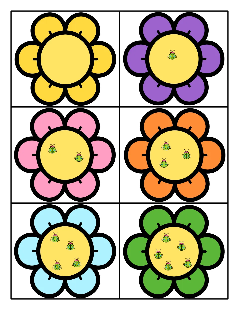 Counting ladybugs: six flower cards whose centers hold 0, 1, 2, 3, 4 and 5 ladybugs to count and match to a numeral