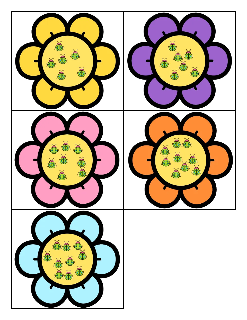 Counting ladybugs: five flower cards whose centers hold 6, 7, 8, 9 and 10 ladybugs for counting larger sets