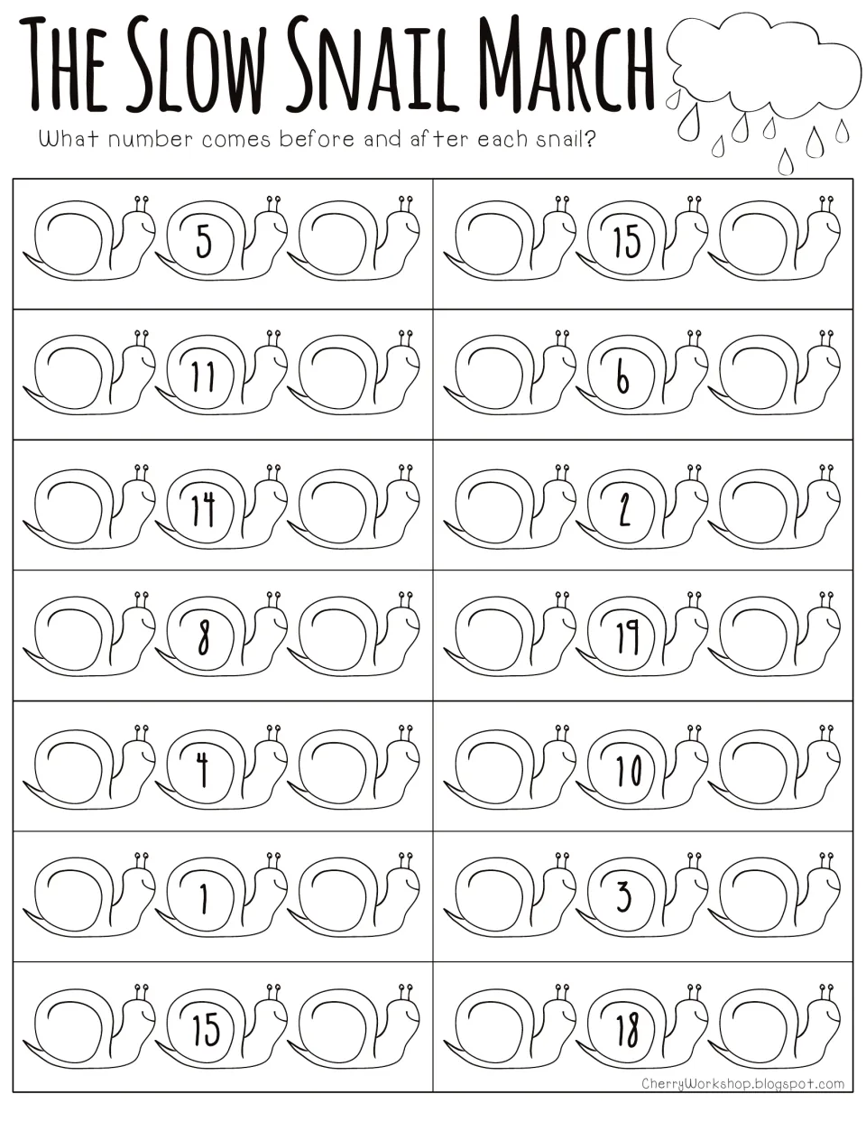 The Slow Snail March: students write the number before and after each numbered snail to practise one more and one less
