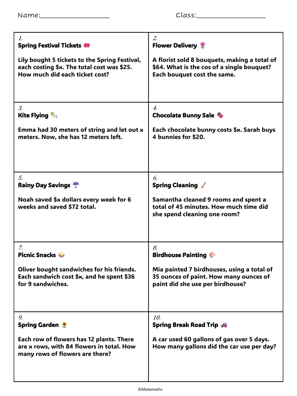 One-step equations word problems 1-10: students write and solve for x in spring stories like festival tickets and kites