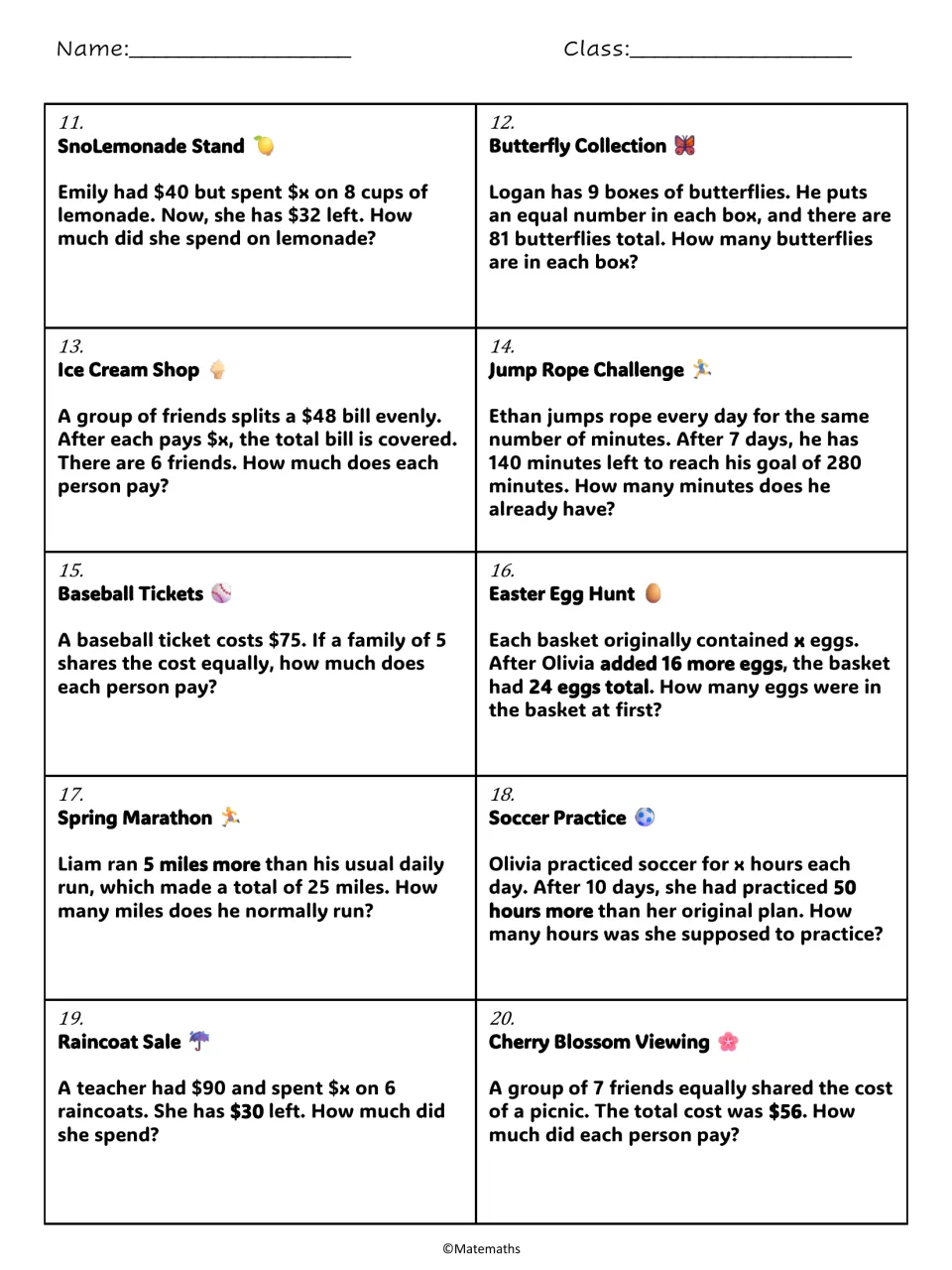 Word problems 11-20: students solve one-step equations about lemonade, butterflies, an egg hunt, raincoats and a picnic