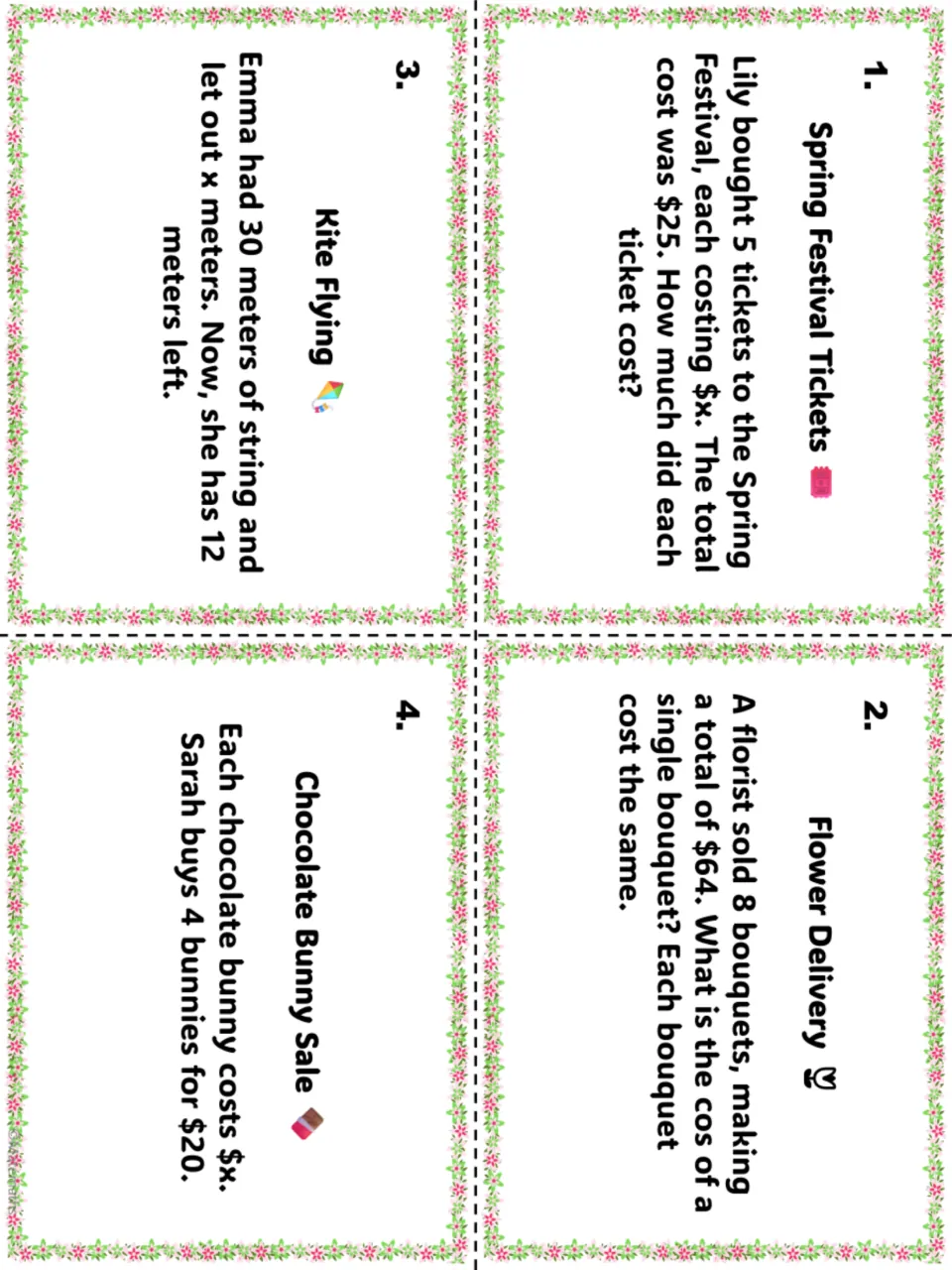 Task cards 1-4: students solve spring festival tickets, flower delivery, kite flying and chocolate bunny sale problems
