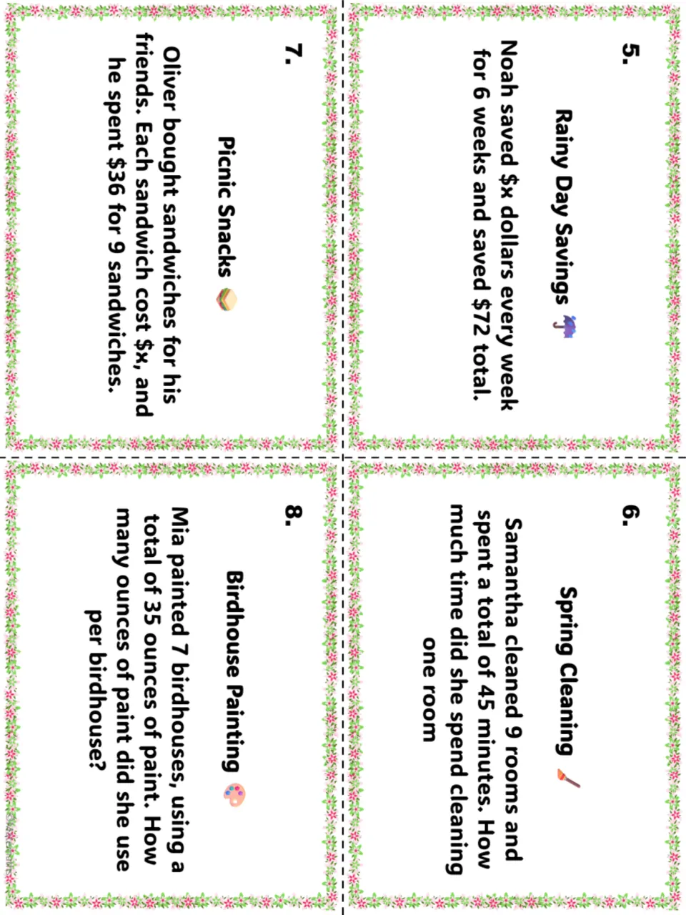 Task cards 5-8: rainy day savings, spring cleaning, picnic snacks and birdhouse painting, each a one-step equation
