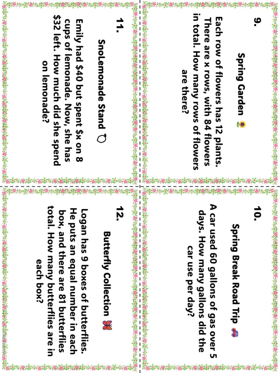 Task cards 9-12: spring garden rows, road trip gas, lemonade stand spending and butterfly boxes, each solved for x