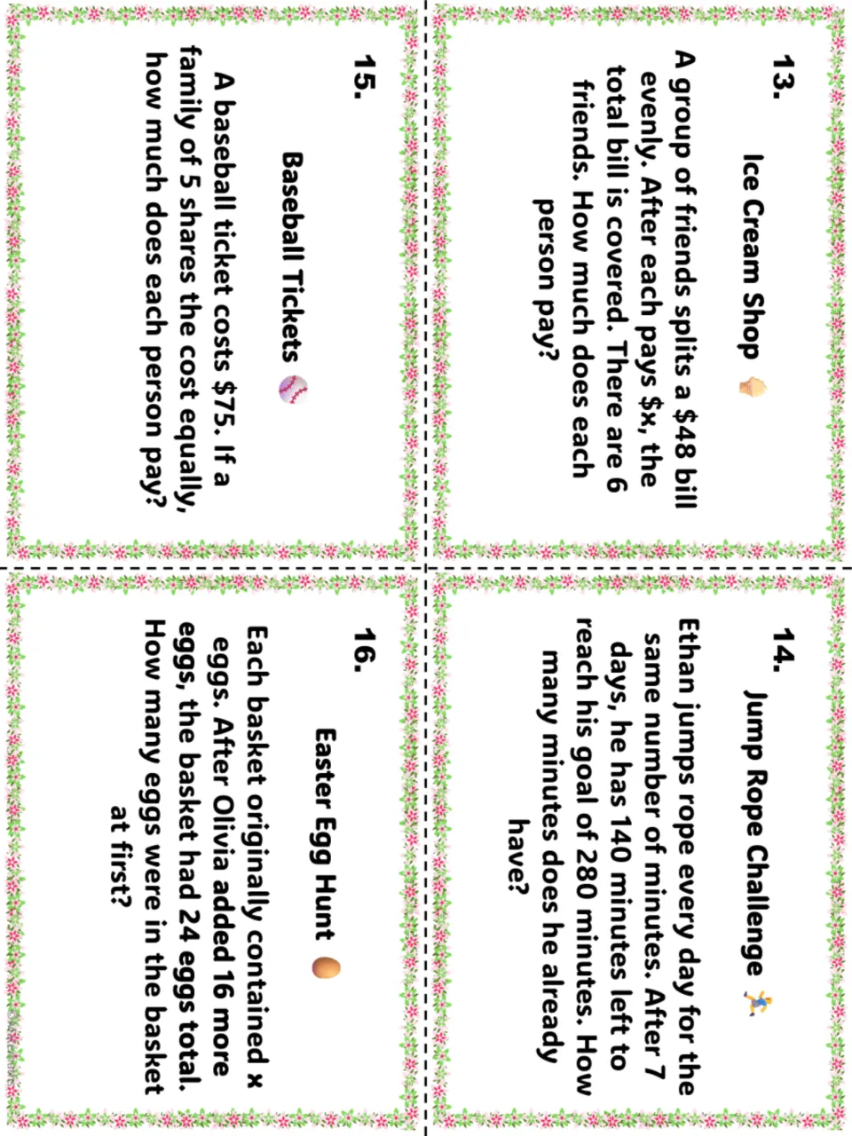 Task cards 13-16: ice cream bill, jump rope minutes, baseball tickets and Easter egg hunt problems with one unknown each