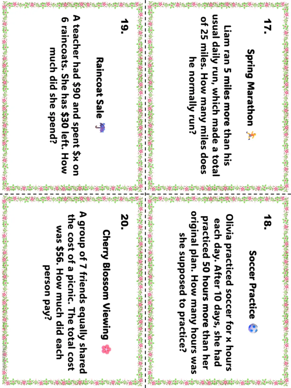 Task cards 17-20: spring marathon, soccer practice, raincoat sale and cherry blossom picnic stories to solve for x