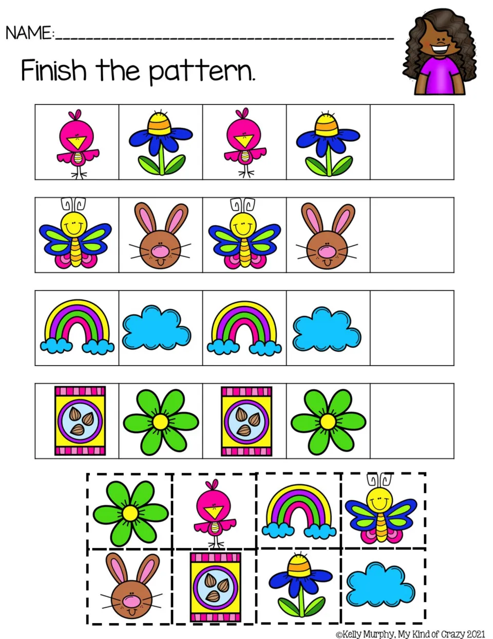 Color AB pattern practice using birds, flowers, butterflies, rabbits, rainbows, clouds, and seed packets