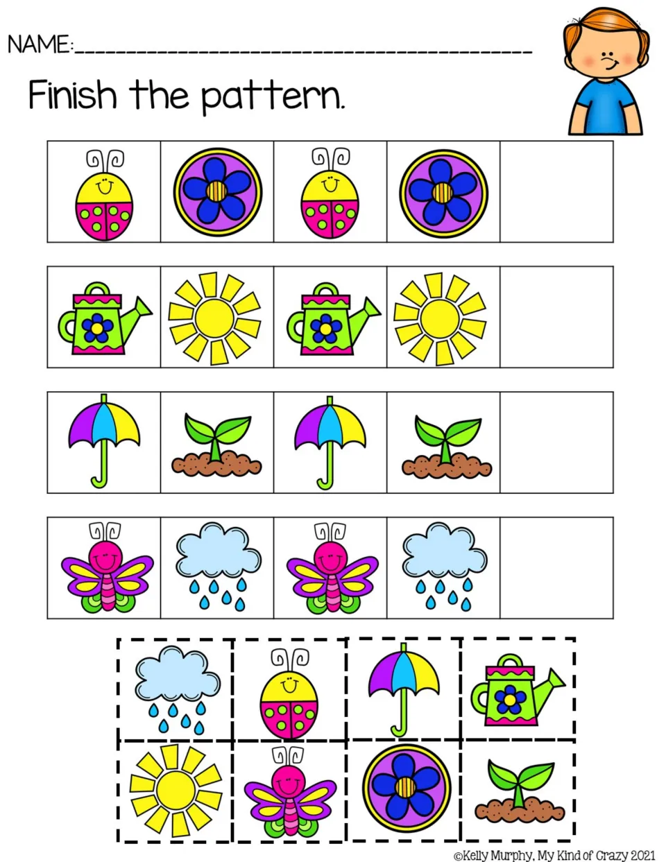 Color AB pattern practice pairing ladybugs and flowers, watering cans and suns, umbrellas and sprouts