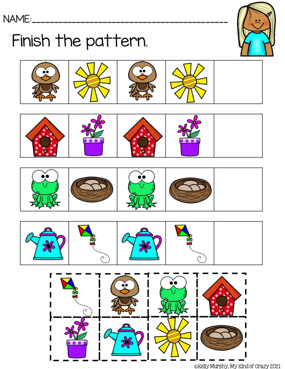 Color AB pattern practice pairing birds and suns, birdhouses and flowers, frogs and nests, cans and kites