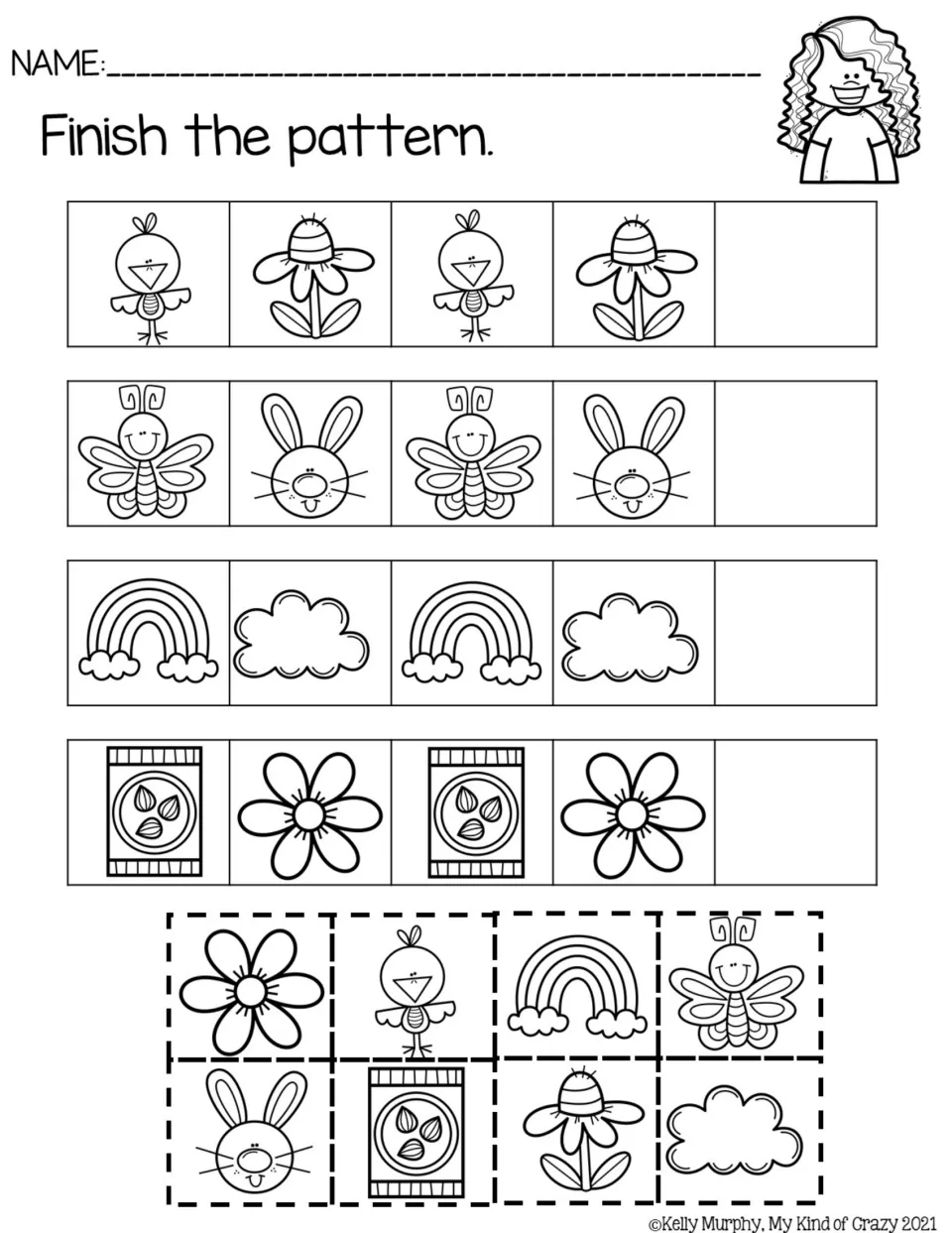Black-and-white AB pattern practice using birds, flowers, butterflies, rabbits, rainbows, and seed packets