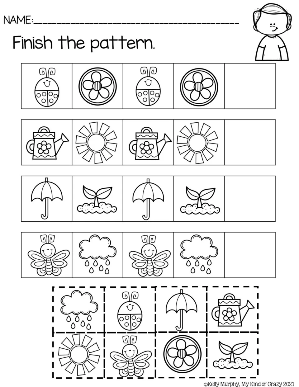 Black-and-white AB pattern practice using ladybugs, flowers, watering cans, suns, umbrellas, and sprouts