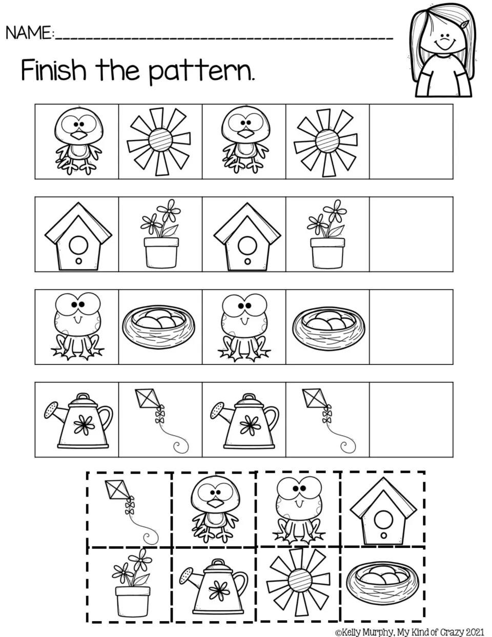Black-and-white AB pattern practice pairing birds and suns, frogs and nests, and watering cans and kites