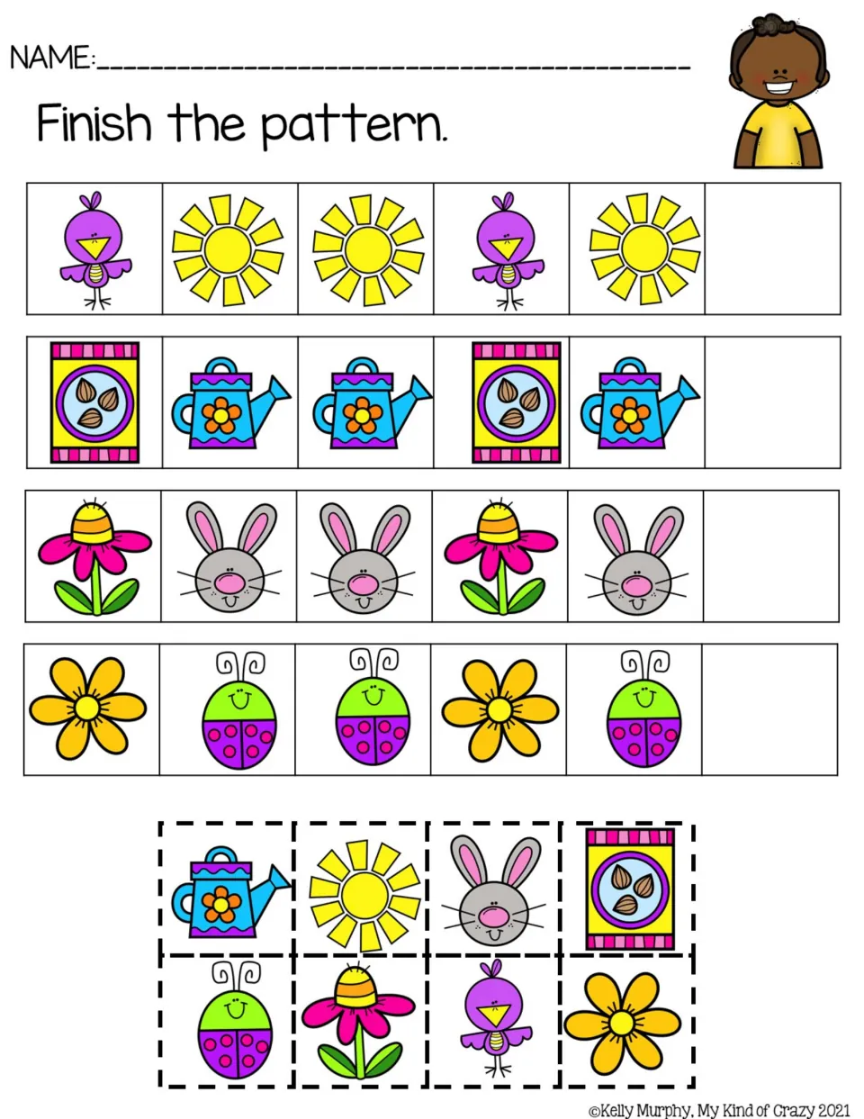 Color ABB pattern practice using birds, suns, seed packets, watering cans, flowers, rabbits, and ladybugs