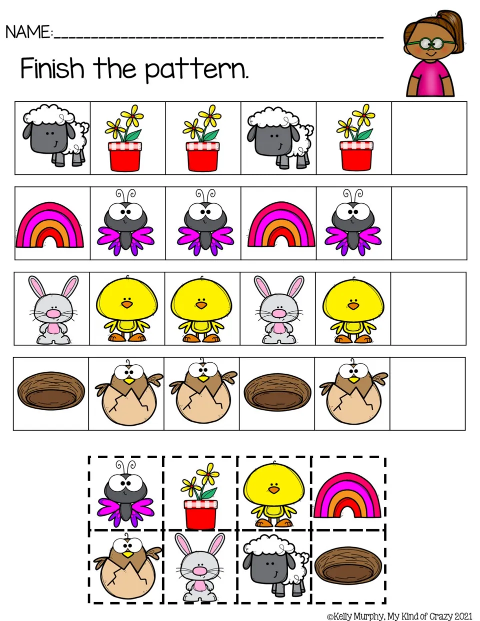 Color ABB pattern practice using sheep, potted flowers, rainbows, butterflies, rabbits, chicks, and nests