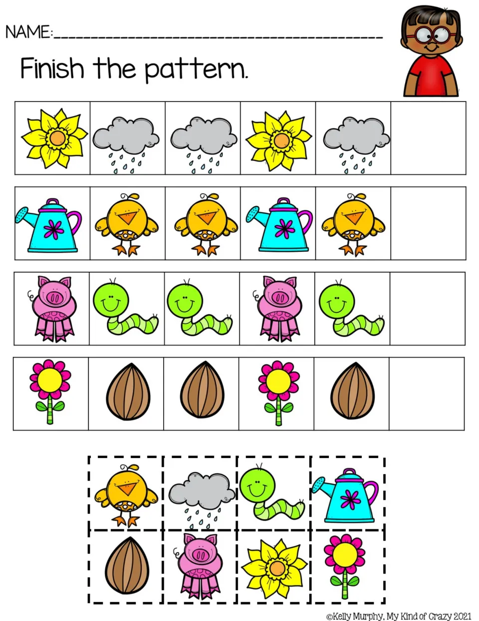 Color ABB pattern practice using flowers, rain clouds, watering cans, birds, pigs, worms, and seeds