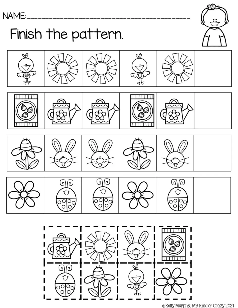 Black-and-white ABB pattern practice using birds, suns, seed packets, watering cans, rabbits, and ladybugs